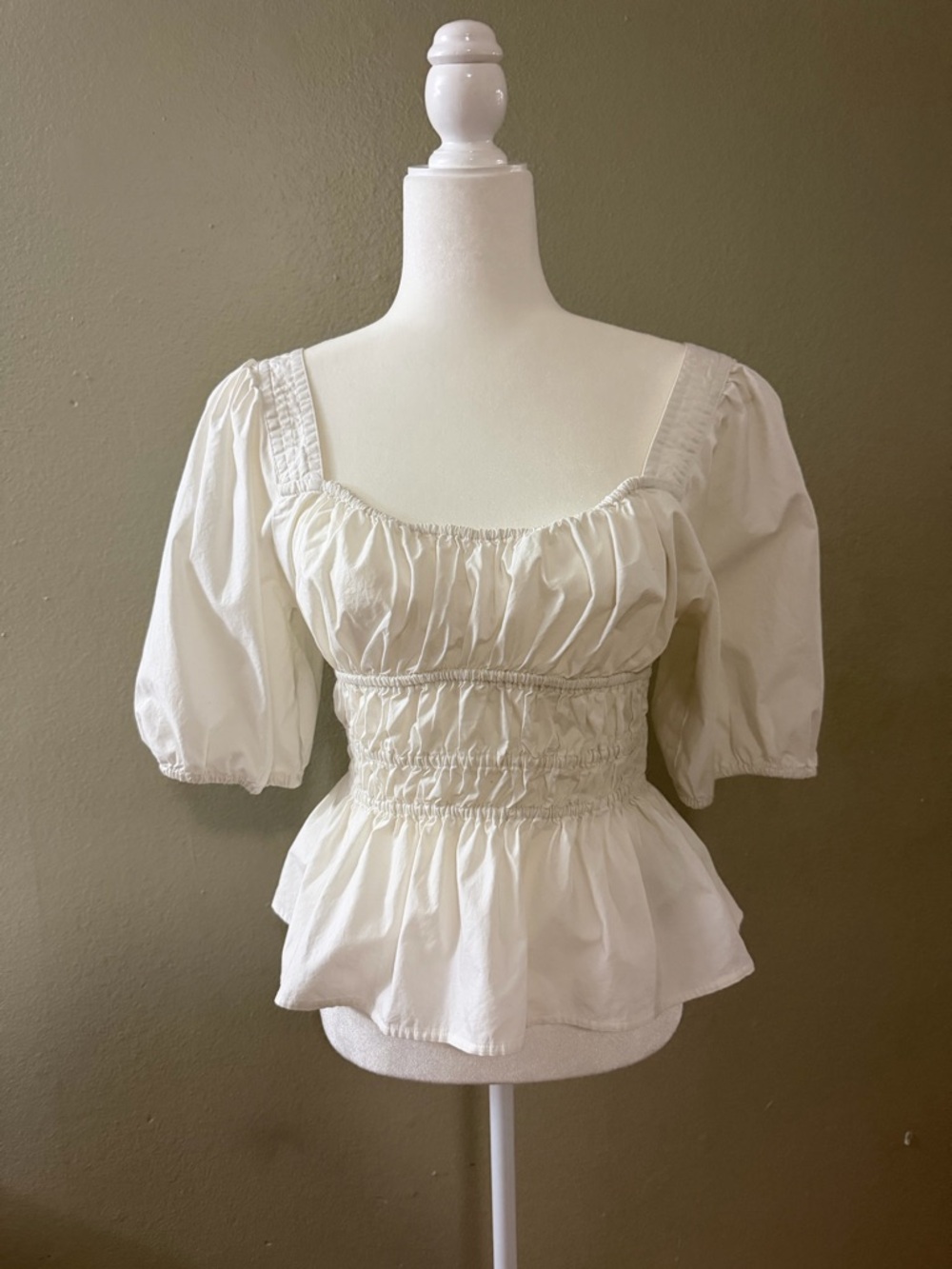 Gap White Square Neck Smocked Puff Sleeve Peplum Blouse Size Medium